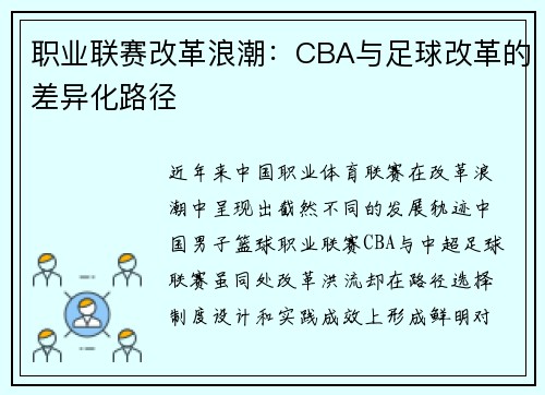 职业联赛改革浪潮：CBA与足球改革的差异化路径
