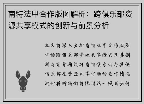 南特法甲合作版图解析：跨俱乐部资源共享模式的创新与前景分析