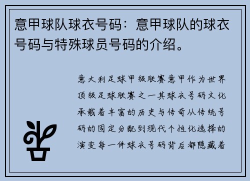 意甲球队球衣号码：意甲球队的球衣号码与特殊球员号码的介绍。