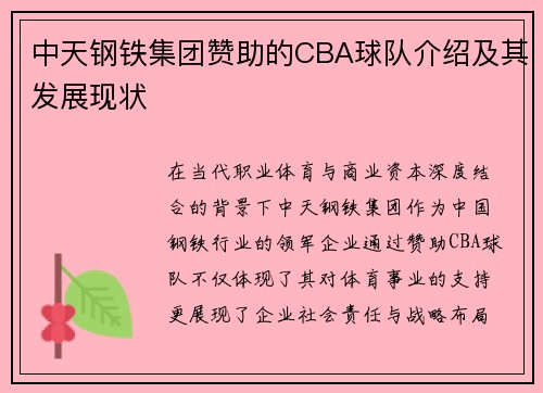 中天钢铁集团赞助的CBA球队介绍及其发展现状