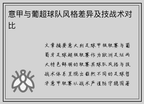 意甲与葡超球队风格差异及技战术对比